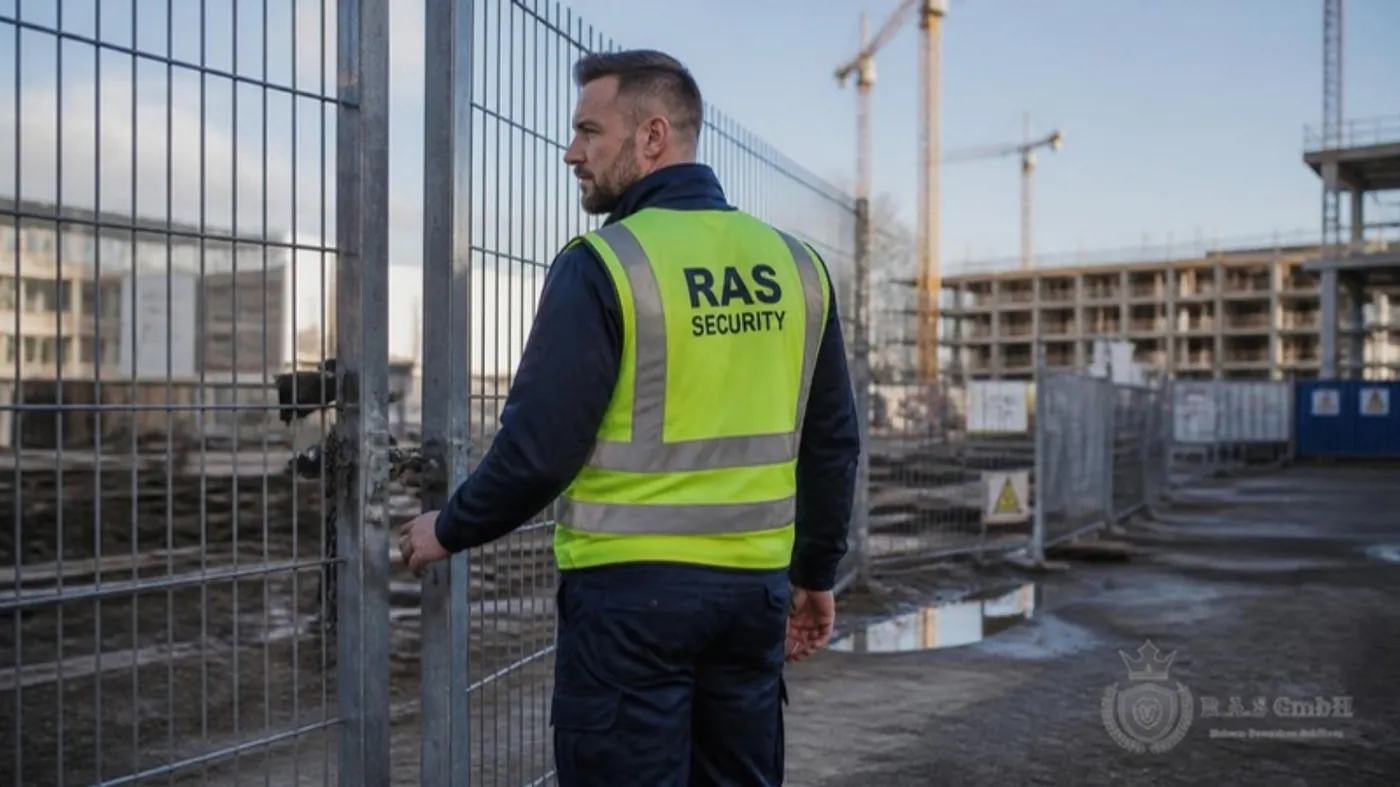 Sicherheitsmitarbeiter in Warnweste am Baustellenzaun