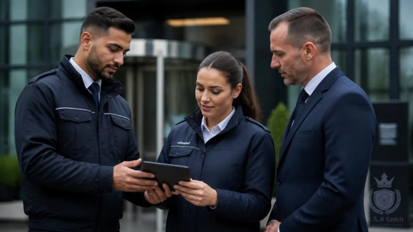 Drei Sicherheitskräfte besprechen den Einsatz mit einem Tablet